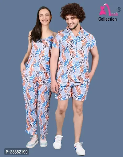 Stylish Adorable Night Suit For Couple Multi Floral Cotton Lycra Coords For Men And Women/Latest Couple Night Suit/Co-ord Set For Couple