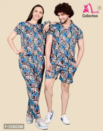 Stylish Adorable Night Suit For Couple Multi Floral Cotton Lycra Coords For Men And Women/Latest Couple Night Suit/Co-ord Set For Couple