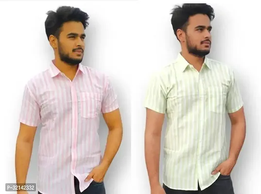 Stylish Multicoloured Khadi Cotton Short Sleeves Casual Shirt For Men Pack Of 2