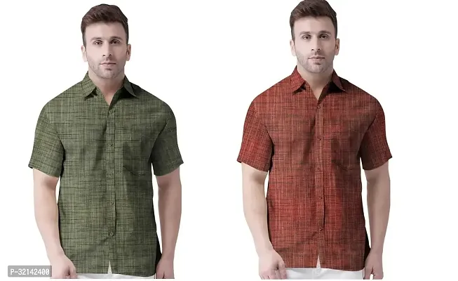 Stylish Multicoloured Khadi Cotton Short Sleeves Casual Shirt For Men Pack Of 2-thumb0