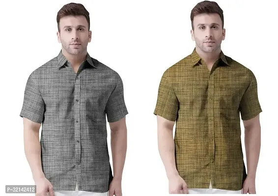 Stylish Multicoloured Khadi Cotton Short Sleeves Casual Shirt For Men Pack Of 2-thumb0