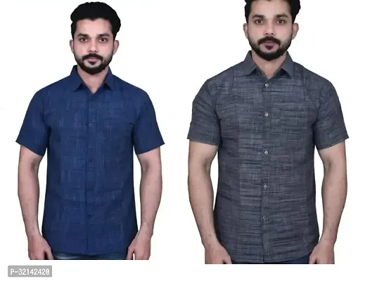 Stylish Multicoloured Khadi Cotton Short Sleeves Casual Shirt For Men Pack Of 2-thumb0