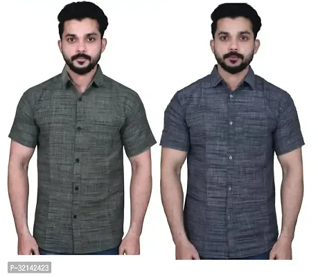 Stylish Multicoloured Khadi Cotton Short Sleeves Casual Shirt For Men Pack Of 2-thumb0