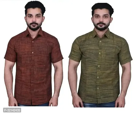 Stylish Multicoloured Khadi Cotton Short Sleeves Casual Shirt For Men Pack Of 2-thumb0