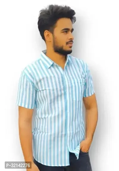 Stylish Blue Khadi Cotton Short Sleeves Casual Shirt For Men-thumb0