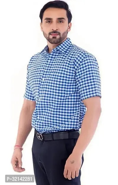 Stylish Blue Khadi Cotton Short Sleeves Casual Shirt For Men-thumb0