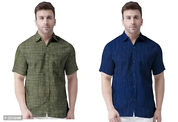 Stylish Multicoloured Khadi Cotton Short Sleeves Casual Shirt For Men Pack Of 2-thumb0