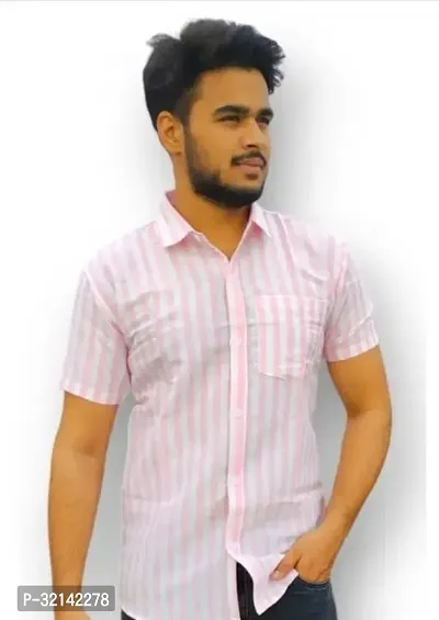 Stylish Pink Khadi Cotton Short Sleeves Casual Shirt For Men-thumb0