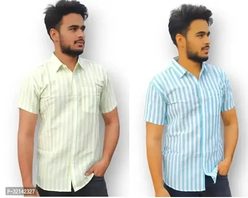 Stylish Multicoloured Khadi Cotton Short Sleeves Casual Shirt For Men Pack Of 2-thumb0