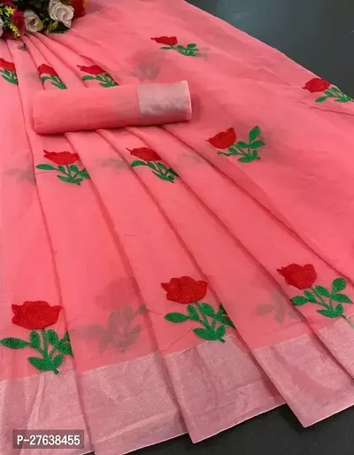 Stylish Chanderi Silk Peach Embroidered Saree with Blouse piece