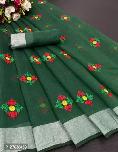 Stylish Chanderi Silk Green Embroidered Saree with Blouse piece