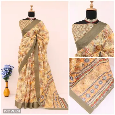 Stylish Cream Cotton Saree With Blouse Piece For Women-thumb0