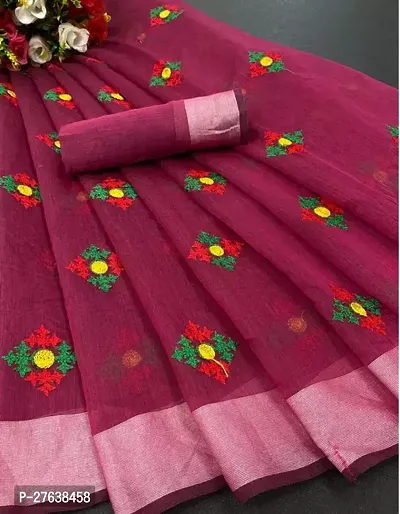 Stylish Chanderi Silk Maroon Embroidered Saree with Blouse piece-thumb0