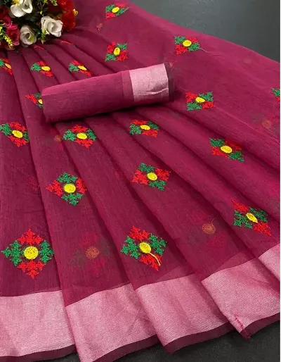 Chanderi Cotton Embroidered Zari Border Sarees with Blouse Piece