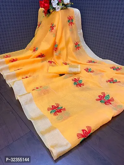 Stylish Chanderi Cotton Embroidered Saree With Blouse Piece For Women-thumb0