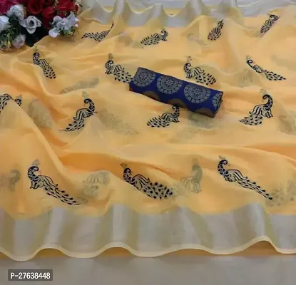 Stylish Chanderi Cotton Yellow Printed Saree with Blouse piece