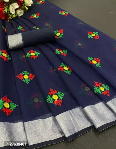 Stylish Chanderi Silk Navy Blue Embroidered Saree with Blouse piece