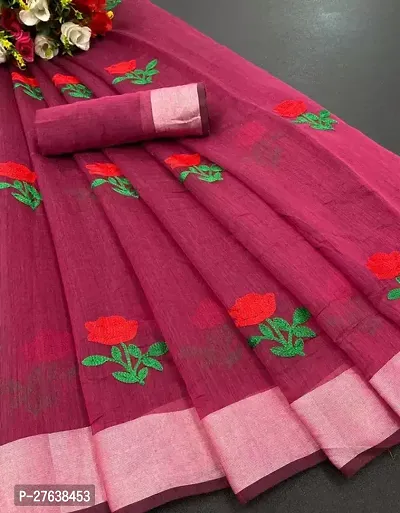 Stylish Chanderi Silk Maroon Embroidered Saree with Blouse piece-thumb0