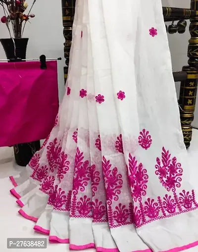 Stylish Chanderi Cotton White Embroidered Saree with Blouse piece