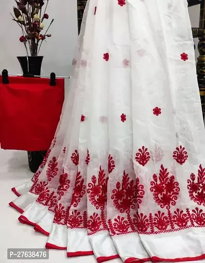 Stylish Chanderi Cotton White Embroidered Saree with Blouse piece