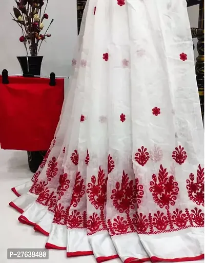 Stylish Chanderi Cotton White Embroidered Saree with Blouse piece