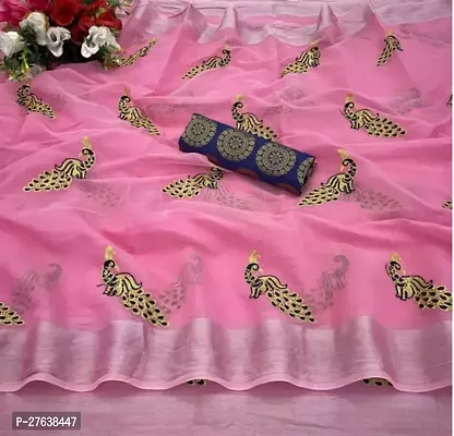 Stylish Chanderi Cotton Pink Printed Saree with Blouse piece-thumb0