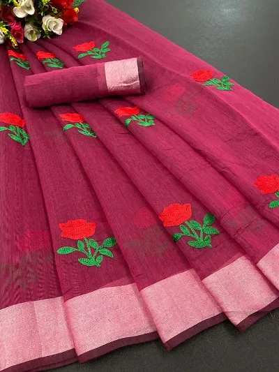 Chanderi Cotton Embroidered Zari Border Sarees with Blouse Piece