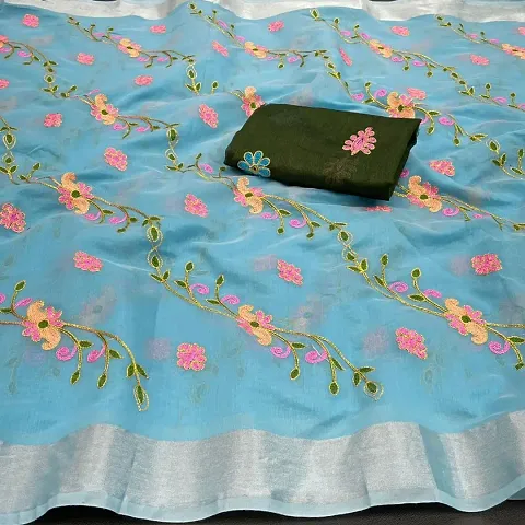 Attractive Linen Embroidered Sarees With Blouse Piece