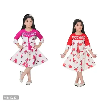 PURBASHA Creation Cotton Blend Printed Knee Length Frock Dress for Girls (Red and Pink, 5-6 Years) (PCreation)-thumb0