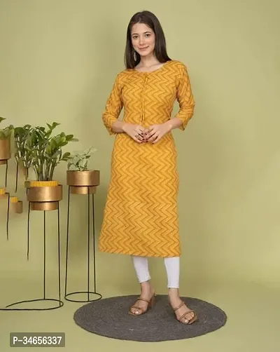 Stylish Yellow Cotton Printed Kurta For Women-thumb0