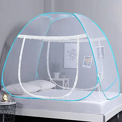 Mosquito Net for Double Bed King Size Foldable Machardani Polyester Net Corrosion Resistant Mosquito net- Blue and White