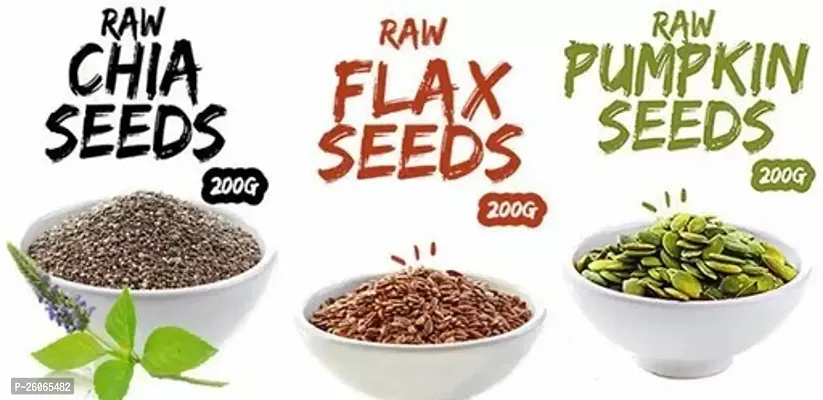 Natural Organic Seeds - 200 Gram Each Packet / Pumpkin Seeds /Flax Seeds / Chia Seeds  Pack Of 3