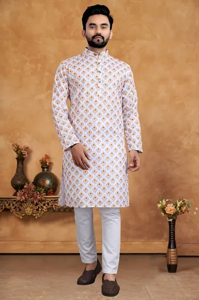 Kurta for Men Blend Long Abstract Straight Fit (Peach)