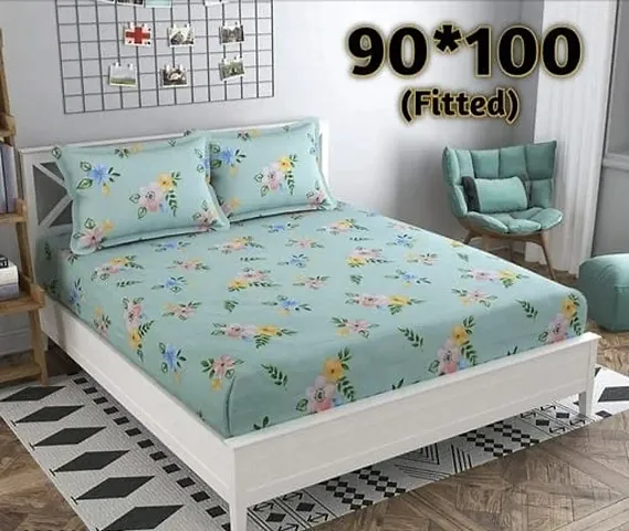Home Designs Elastic Fitted Bedsheet for Double Bed with 2 Pillow Covers (240 X 260 cms, Cotton)