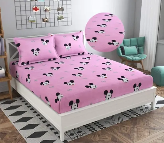 XMBUG? || Beautiful 240 TC 100 % Polycotton Elegant Micky Design One Double Bed Sheet with 2 Pillow Covers (Bedsheet Size 90x90 Inch)( Pillow Cover Size 18x28 Inch) (Pink)