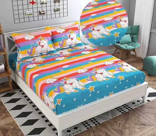 innovative edge Elastic Fitted Printed Queen Size Double Bed Bedsheet with 2 Pillow Cover(60"x78")