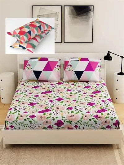Kuber Industries Flower Design Glace Cotton 144 TC King Size Double Bedsheet with 2 Pillow Covers?(White, Hs_37_Kubmart020131)