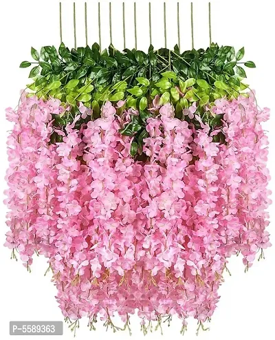 Artificial Polyester and Plastic Wisteria Hanging Orchid Flower Vine (110 cm Tall, Pink, Set of 6)