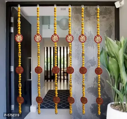 Nutts Handmade Wall Door Multicolor Pom Pom String with Golden Beads, Hanging Torans Garland Bandhwar Decoration Item for Home D&eacute;cor Diwali Festival, Navratri, Wedding (5 FT 6 Strings) Red/Yellow