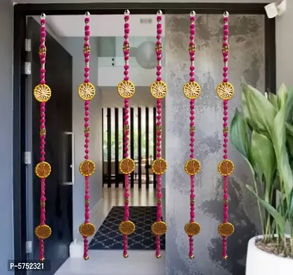 Nutts Handmade Wall Door Multicolor Pom Pom String with Golden Beads, Hanging Torans Garland Bandhwar Decoration Item for Home D&eacute;cor Diwali Festival, Navratri, Wedding (5 FT 6 Strings) Pink/Yellow