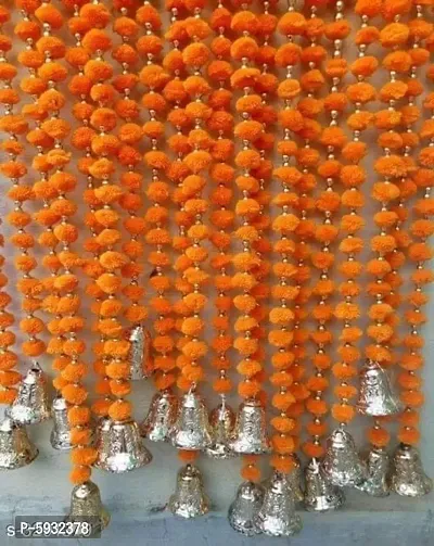 Handmade Wall Door Multicolor Pom Pom String with Golden Beads, Big Bell Hanging Torans Garland Bandhwar Decoration Item for Home D&eacute;cor Diwali Festival, Navratri, (5 FT 6 Strings) (Orange)