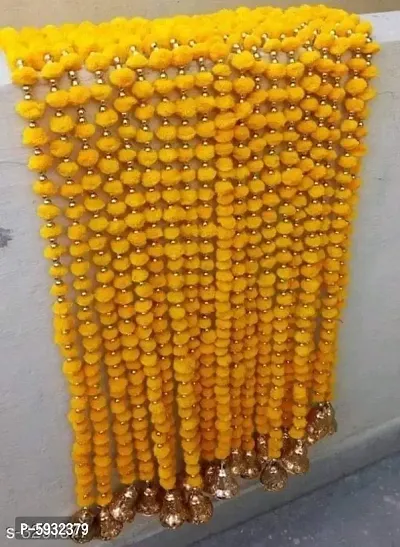 Handmade Wall Door Multicolor Pom Pom String with Golden Beads, Big Bell Hanging Torans Garland Bandhwar Decoration Item for Home D&eacute;cor Diwali Festival, Navratri, (5 FT 6 Strings) (Yellow)