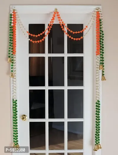 Handmade Wall Door Multicolor Pom Pom String with Golden Beads, Big Bell Hanging Torans Garland Bandhwar Decoration Item for Home D&eacute;cor Diwali Festival, Navratri, (5 FT 6 Strings) (Tri-colour)