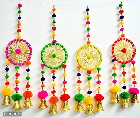 Colorful Gota Pom Pom Dream Catchers,Diwali Decoration,Mehndi DIY Decor,wall Decor,Home Decor,Bollywood style theme party, SET OF 2-thumb0