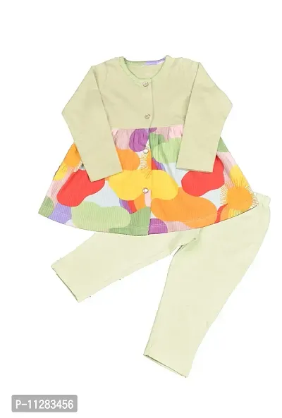 KIDZVILLA Baby Girl Full Sleeve Printed Front Open Knee Length Frock/Dress with Legging_Design-7_3-6 MNTS-thumb0