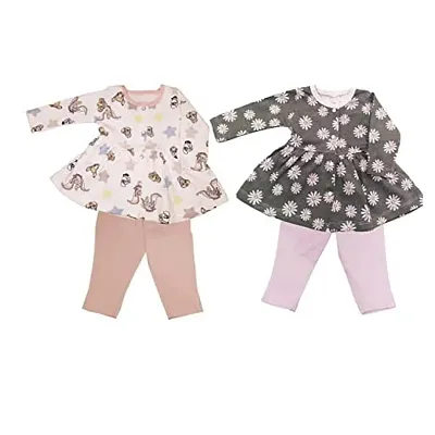 KIDZVILLA Baby Girl Full Sleeve Printed Front Open Frock/Dress with Legging/Pajami/Pajami (Pack of 2)