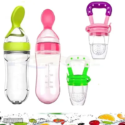 KIDZVILLA Kidzvilla Feeding Spoon with Squeezy Food Grade Silicone Feeder Bottle, for Infant Baby, 90ml, BPA Free (Random Color/90 ml)-thumb0