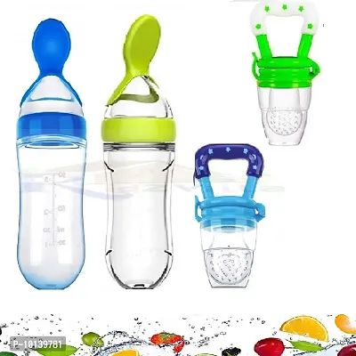 KIDZVILLA Feeding Spoon with Squeezy Food Grade Silicone Feeder Bottle, for Infant Baby, 90ml, BPA Free (Random Color/90 ml)-thumb0