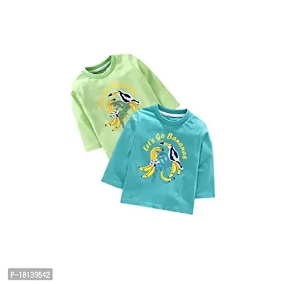 KIDZVILLA Unisex Baby Cotton Banana & Bird Graphic Print Full Sleeves Round Neck T-Shirt/Tees/Vest Pack of 2 (6-12) (Green+ Blue)-thumb0