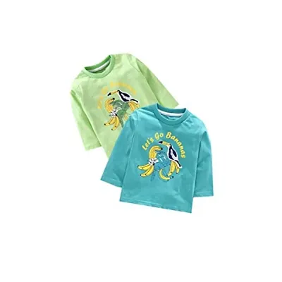 KIDZVILLA Unisex Baby Cotton Banana & Bird Graphic Print Full Sleeves Round Neck T-Shirt/Tees/Vest Pack of 2 (6-12) (Green+ Blue)